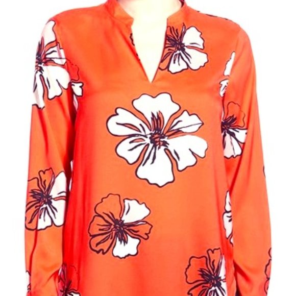 Vince Camuto Bright Orange & Pink Tropcial Hibiscus Blooms Blouse - Picture 2 of 14